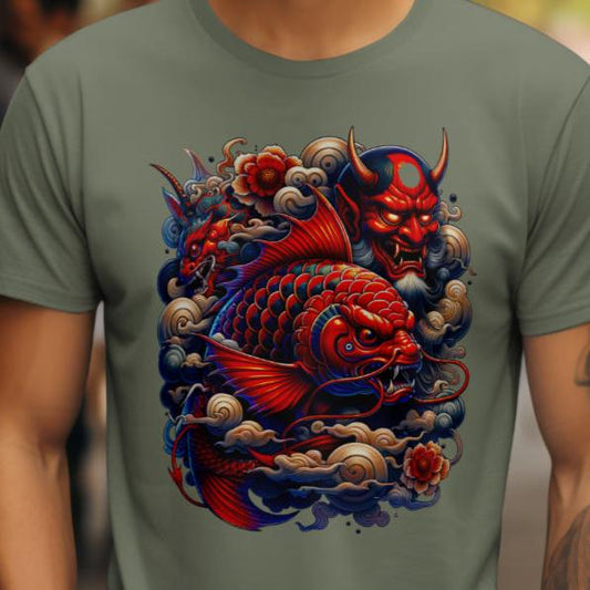 T-shirt unisexe avec motif artistique d'une carpe Koi et d'un démon sur la poitrine