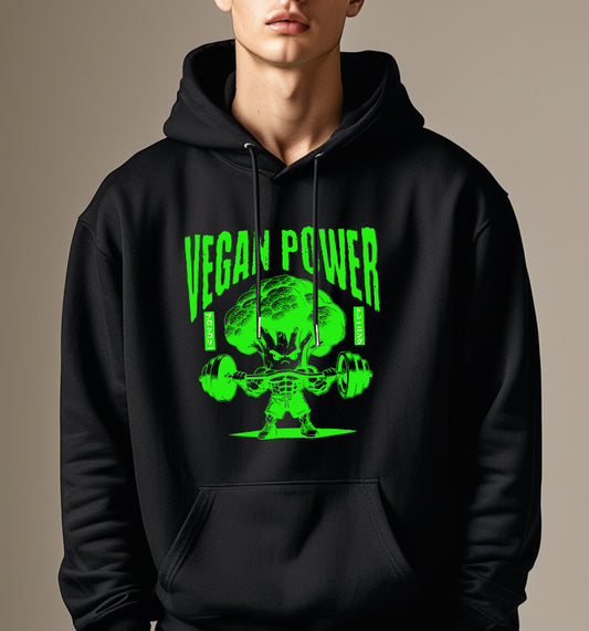 Sweat à capuche noir VEGAN POWER avec dessin vert d'un Brocoli haltérophile