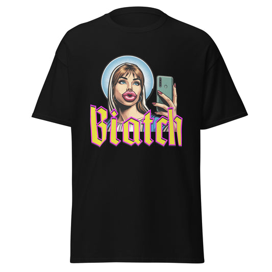 T-shirt unisexe noir avec illustration pop art et texte humoristique "Biatch", design original et sarcastique.