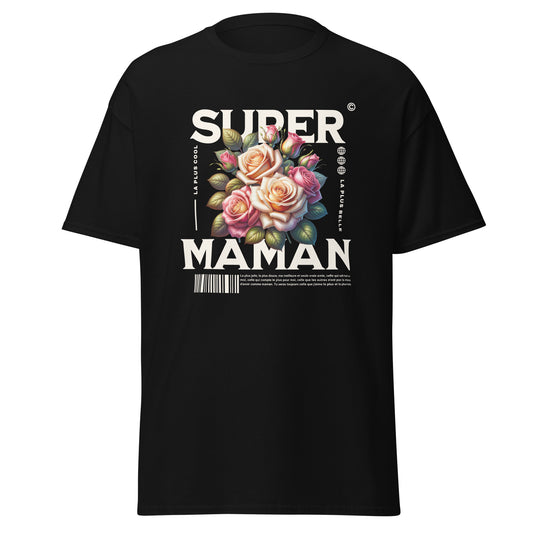 T-shirt noir avec un design floral élégant et texte "Super Maman", parfait pour un cadeau de Noël ou d'anniversaire pour une maman spéciale.