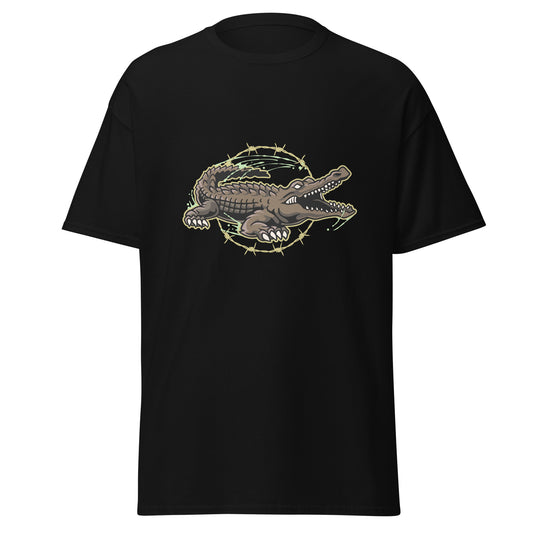 T-shirt unisexe avec motif de crocodile entouré de fil barbelé, design audacieux et unique, idéal pour un style décontracté et affirmé.